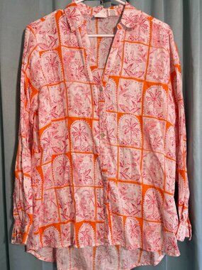 C&C California Linen Tropical Print Button Front Blouse Size Small